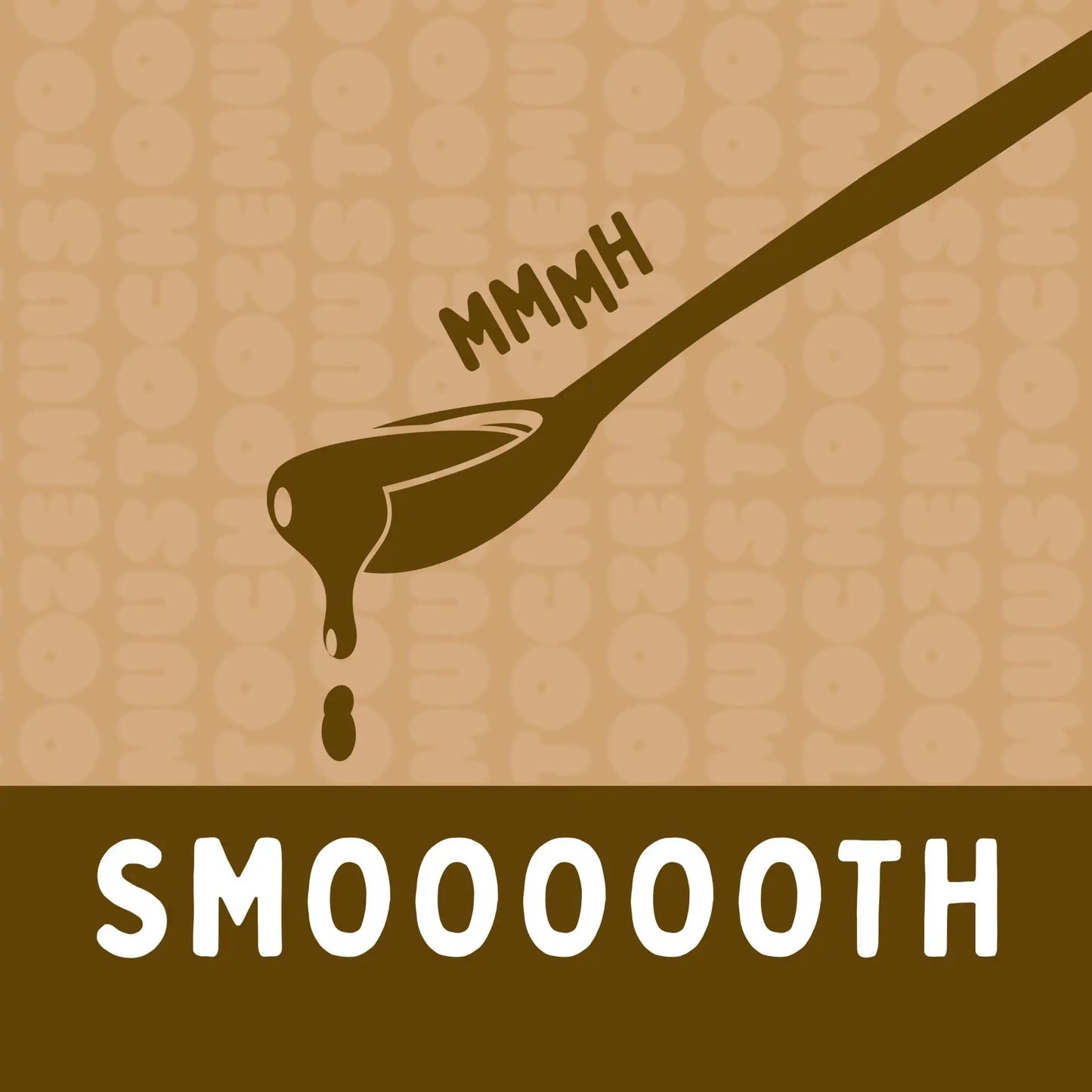 Smooth-Visual Bio-Cashewmus Salted Caramel – fließendes Mus auf Löffel mit „MMMH“ und „Smoooooth“-Schriftzug auf beigem Hintergrund