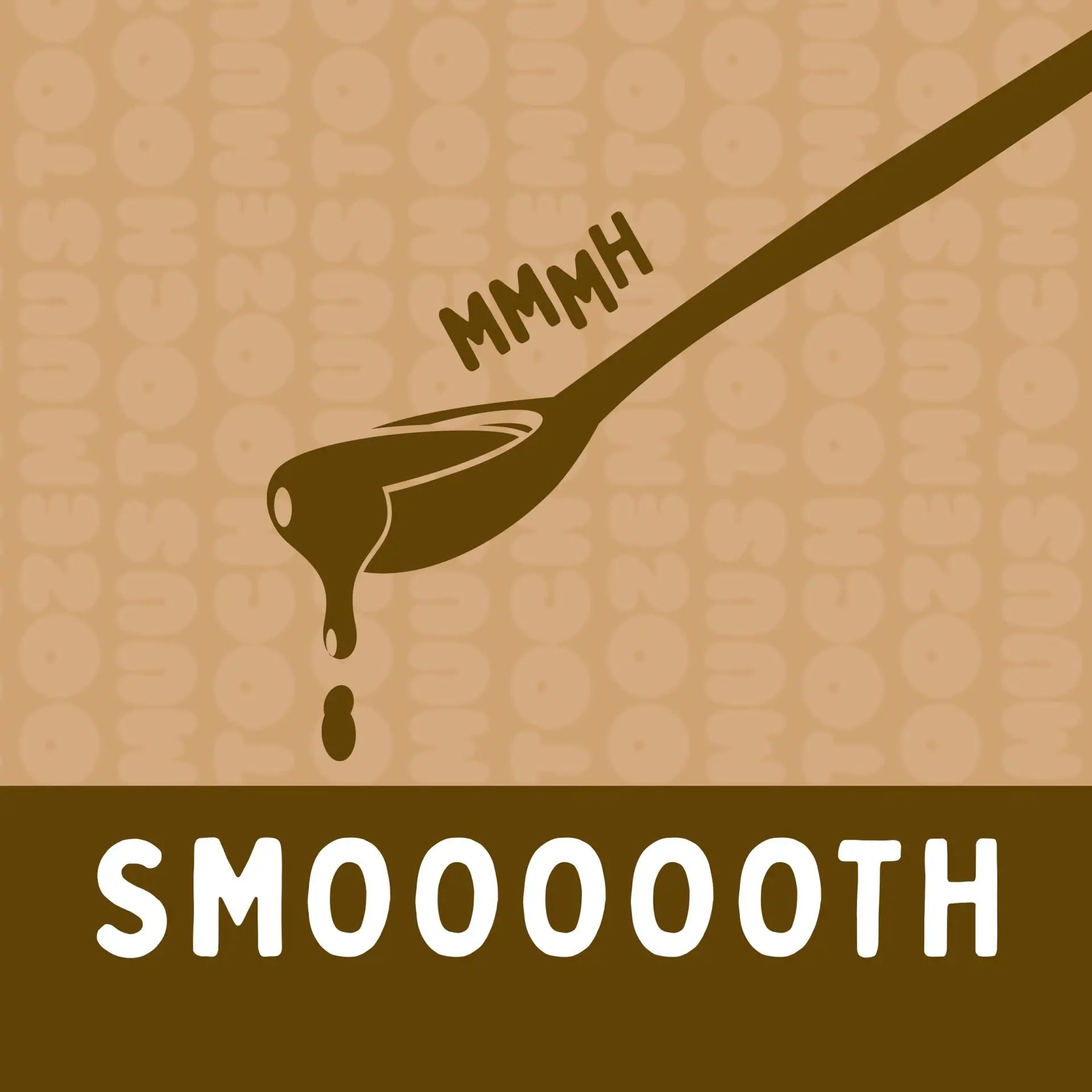 Smooth-Visual Bio-Cashewmus Salted Caramel – fließendes Mus auf Löffel mit „MMMH“ und „Smoooooth“-Schriftzug auf beigem Hintergrund