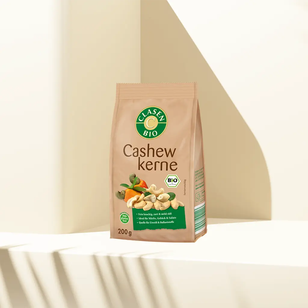 Verpackung Bio-Cashewkerne 200 g von CLASEN BIO – mild-nussige Cashews naturbelassen in Beutel