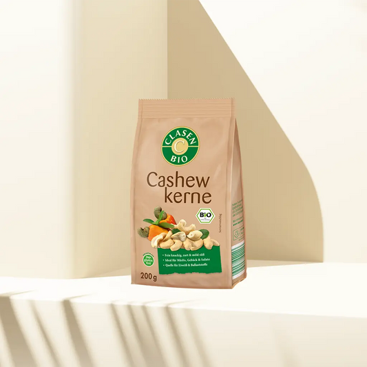 Verpackung Bio-Cashewkerne 200 g von CLASEN BIO – mild-nussige Cashews naturbelassen in Beutel