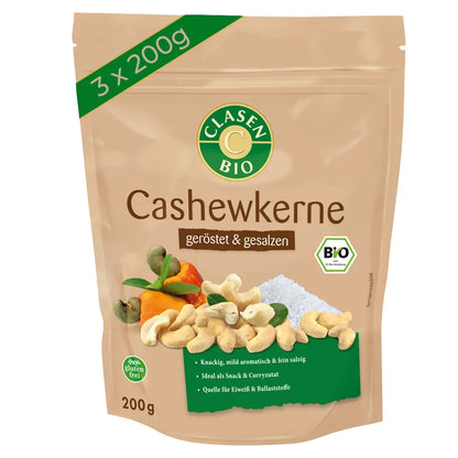 3x Bio Cashewkerne (geröstet und gesalzen) 200g Clasen Organic Foods