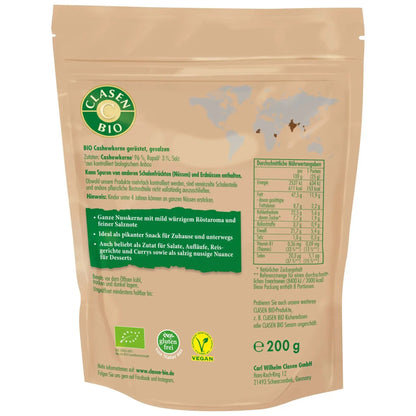 Rückseite der Verpackung Bio-Cashewkerne geröstet und gesalzen 200 g von CLASEN BIO – mit Zutatenliste, Nährwertangaben und Produktinformationen