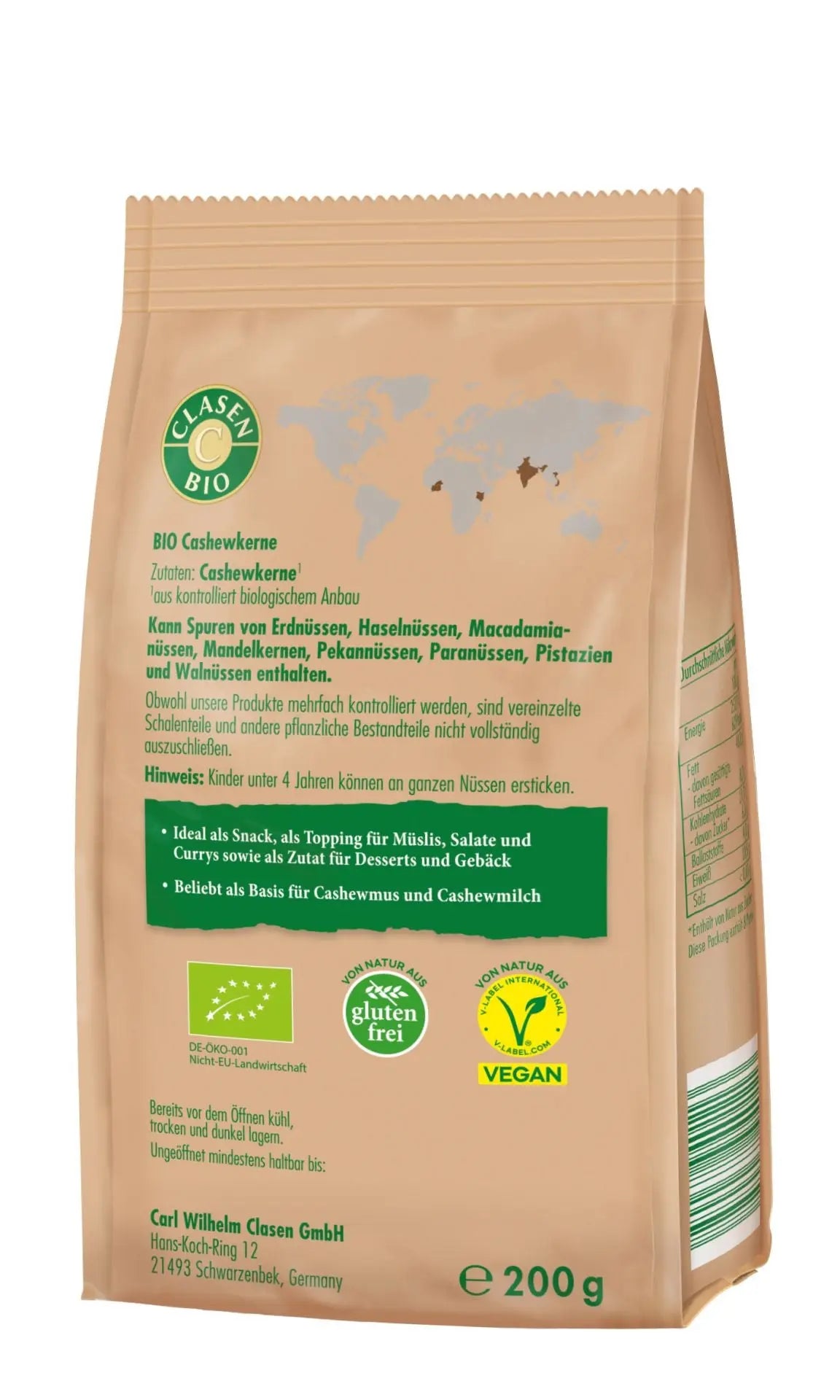 Rückseite der Verpackung Bio-Cashewkerne 200 g von CLASEN BIO – mit Zutatenliste, Nährwertangaben und Produktinformationen