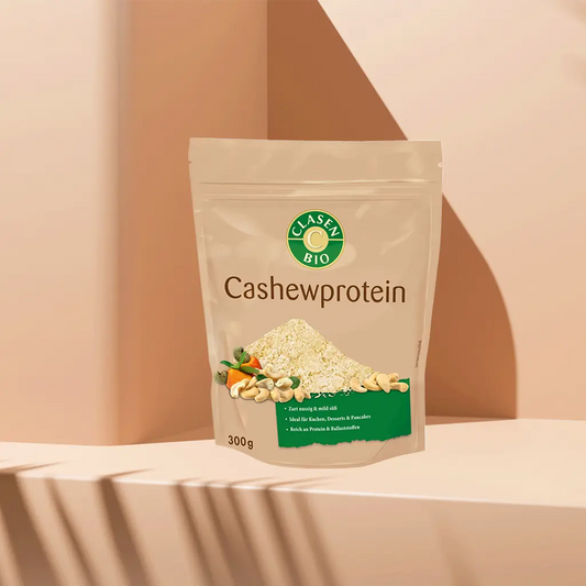 Verpackung Bio-Cashewprotein 300 g von CLASEN BIO – mildes, leicht süßliches Protein aus Cashewkernen in Beutel