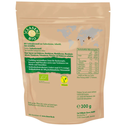 Rückseite der Verpackung Bio-Cashewprotein 300 g von CLASEN BIO – mit Zutatenliste, Nährwertangaben und Produktinformationen