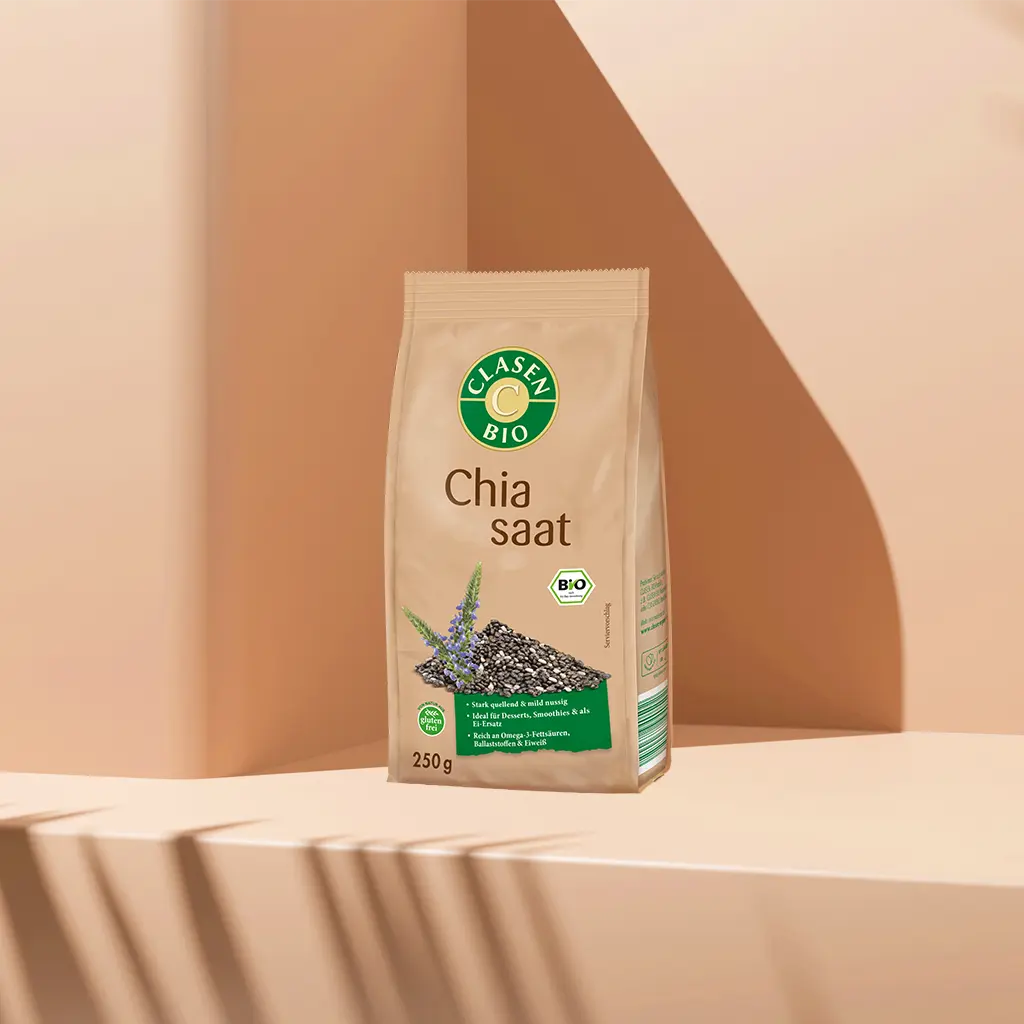 Verpackung Bio-Chia Samen 250 g von CLASEN BIO – kleine nährstoffreiche Samen in Beutel