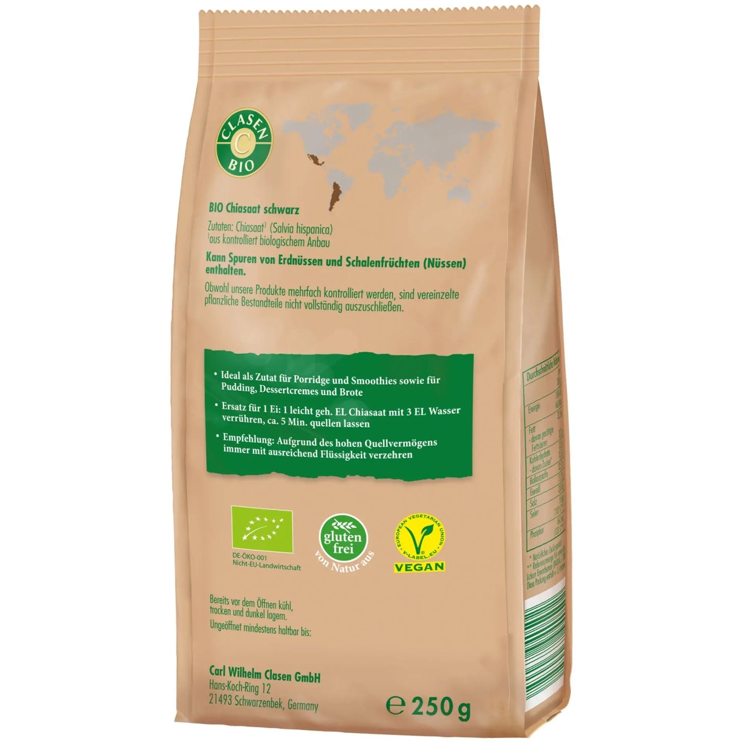 Rückseite der Verpackung Bio-Chia Samen 250 g von CLASEN BIO – mit Zutatenliste, Nährwertangaben und Produktinformationen