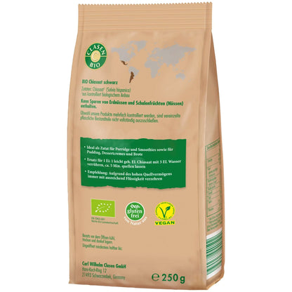 Rückseite der Verpackung Bio-Chia Samen 250 g von CLASEN BIO – mit Zutatenliste, Nährwertangaben und Produktinformationen