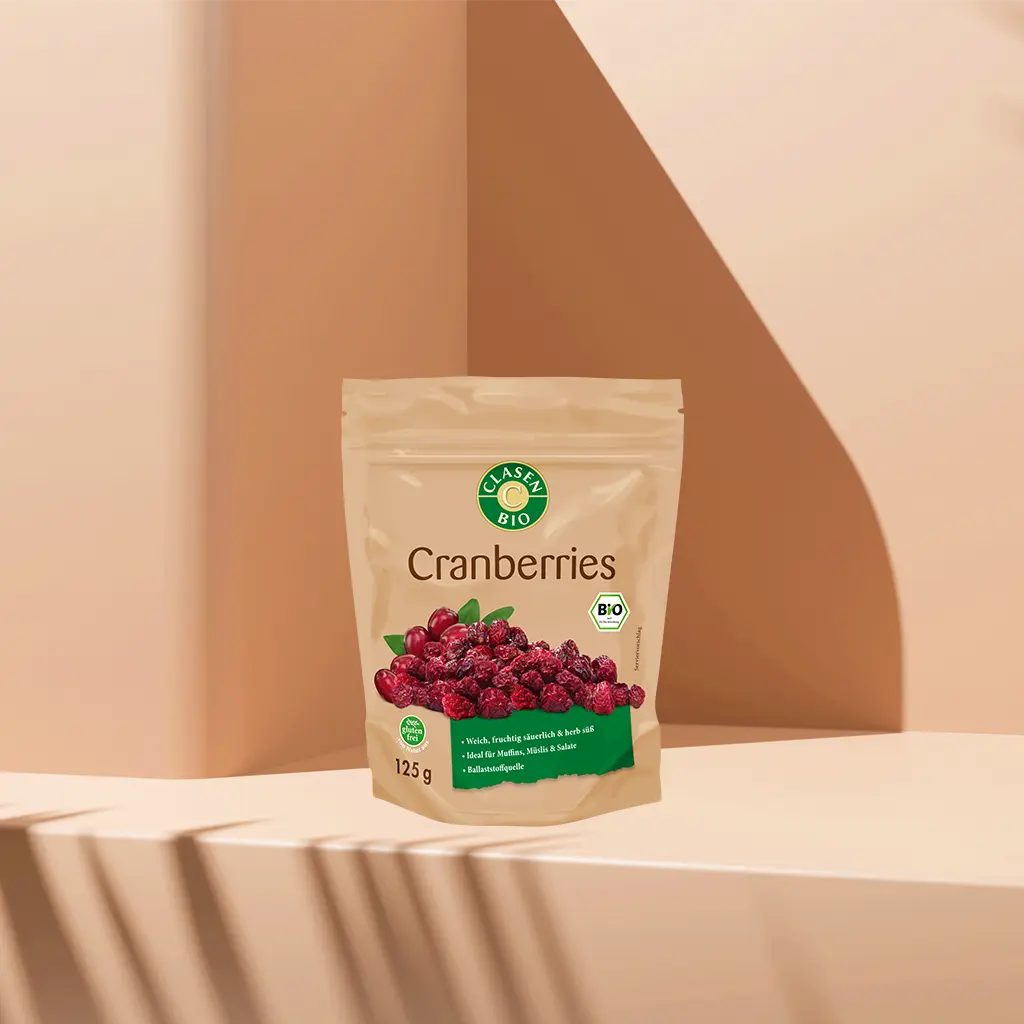Verpackung Bio-Cranberries 125 g von CLASEN BIO – fruchtig-säuerliche, rote Beeren in Beutel