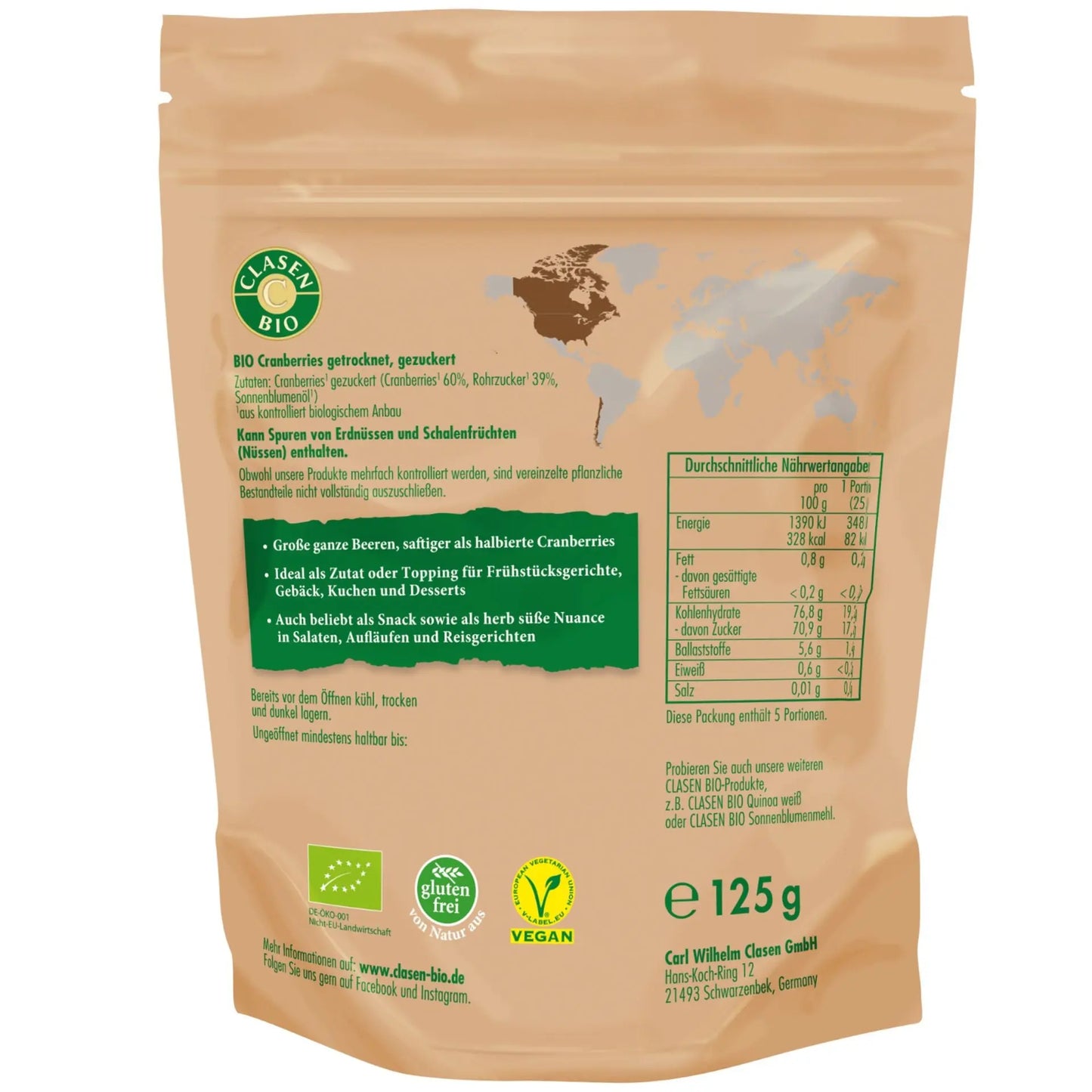 Rückseite der Verpackung Bio-Cranberries 125 g von CLASEN BIO – mit Zutatenliste, Nährwertangaben und Produktinformationen