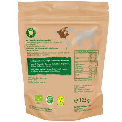 Rückseite der Verpackung Bio-Cranberries 125 g von CLASEN BIO – mit Zutatenliste, Nährwertangaben und Produktinformationen