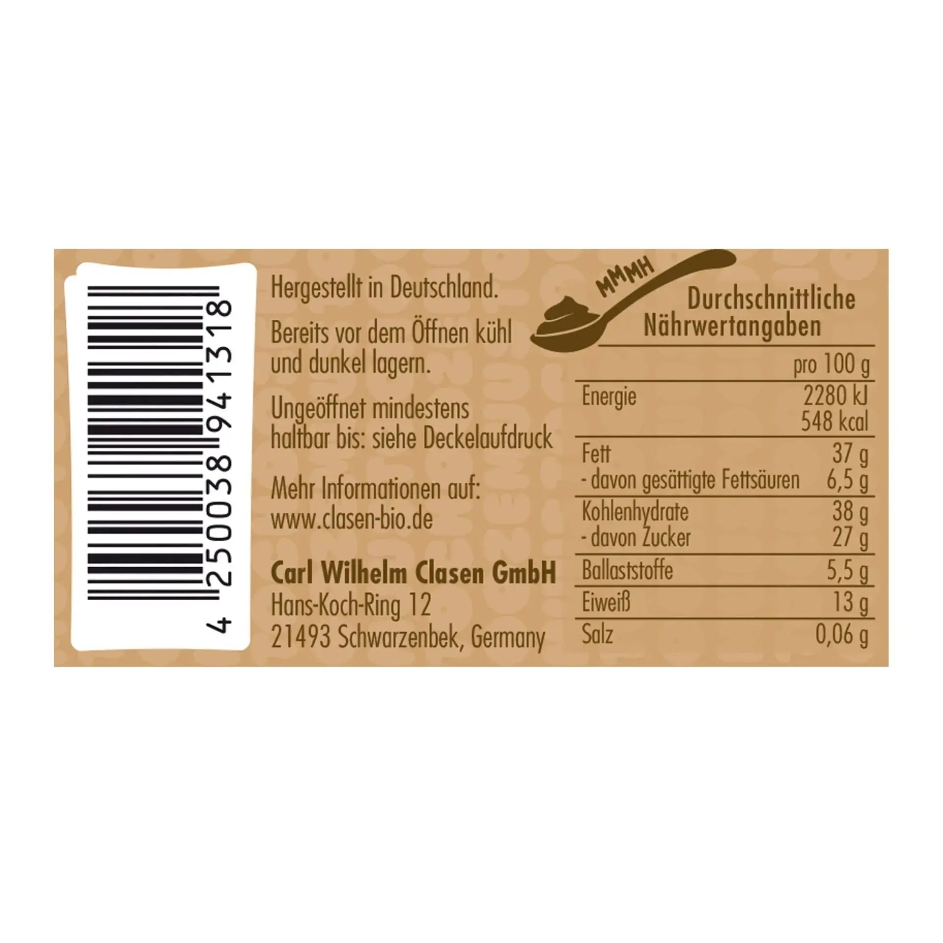 Nährwertangaben Bio-Nussmus Date with Coffee – Nährwerte und Zutaten auf der Rückseite der Verpackung abgebildet, inklusive Fett, Zucker, Ballaststoffe und Eiweiß