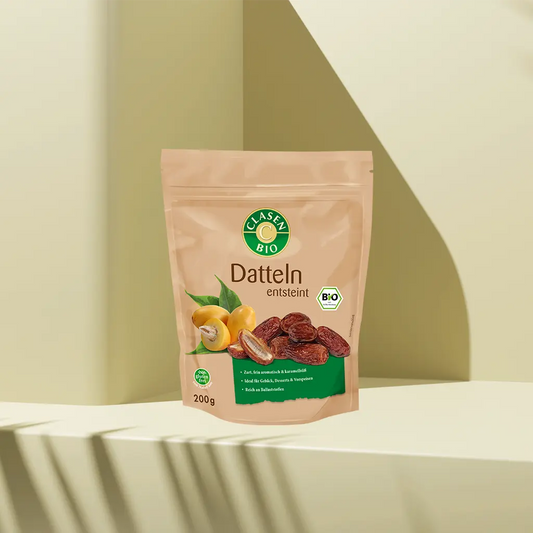 Verpackung Bio-Datteln 200 g von CLASEN BIO – saftige, süße Trockenfrüchte in Beutel