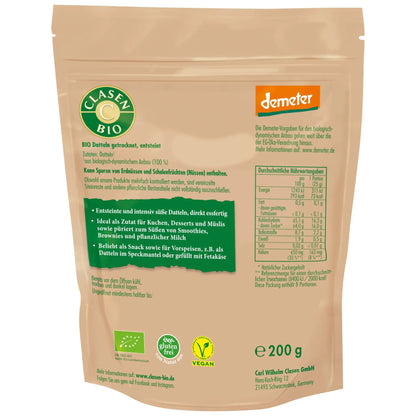 Rückseite der Verpackung Bio-Datteln in Demeter Qualität 200 g von CLASEN BIO – mit Zutatenliste, Nährwertangaben und Produktinformationen