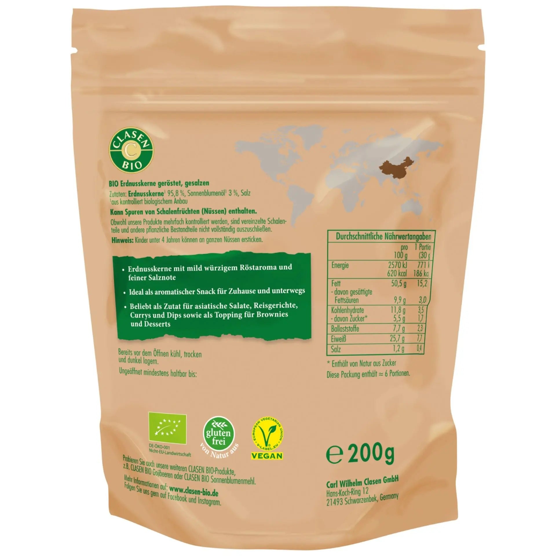 Rückseite der Verpackung Bio-Erdnüsse geröstet und gesalzen 200 g von CLASEN BIO – mit Zutatenliste, Nährwertangaben und Produktinformationen