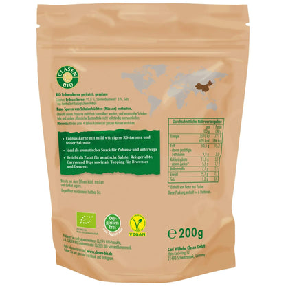 Rückseite der Verpackung Bio-Erdnüsse geröstet und gesalzen 200 g von CLASEN BIO – mit Zutatenliste, Nährwertangaben und Produktinformationen