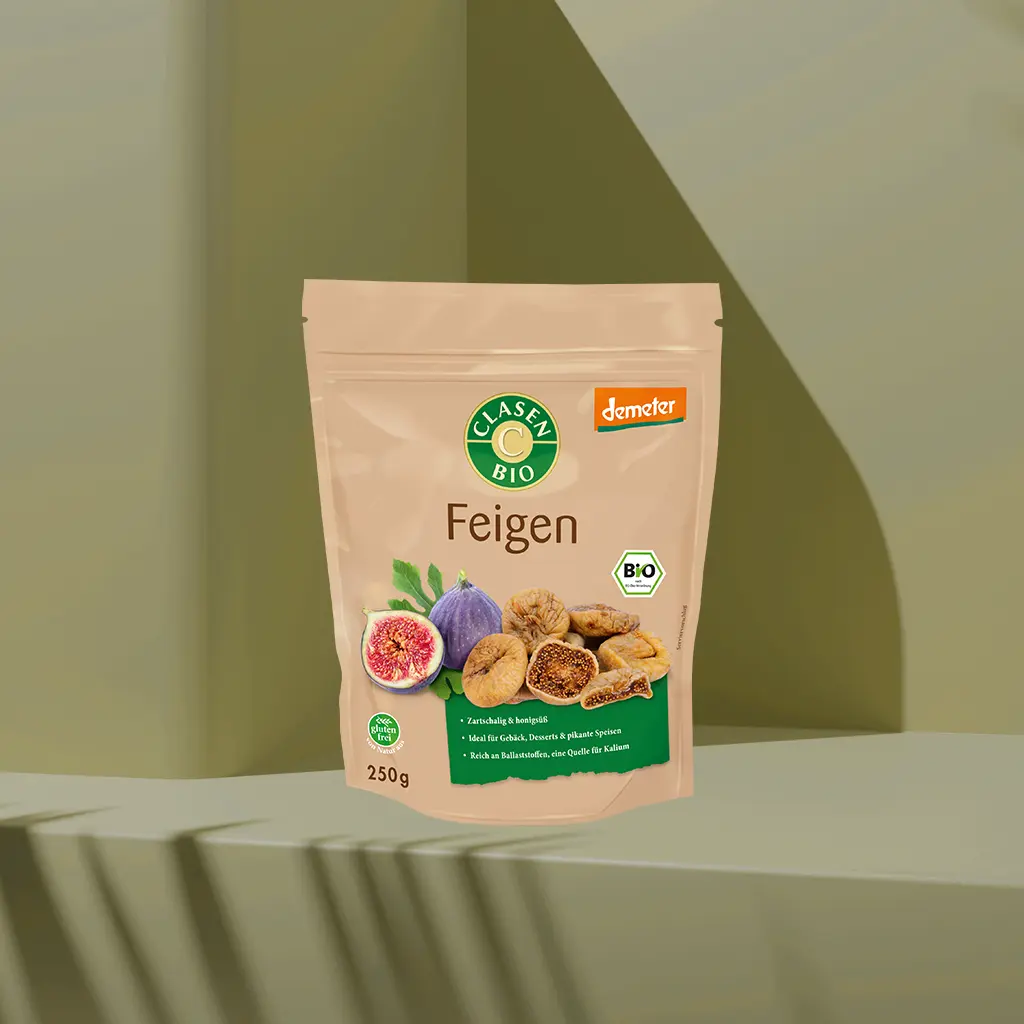 Verpackung Bio-Feigen in Demeter Qualität 250 g von CLASEN BIO, sonnengereifte, getrocknete Feigen aus biodynamischem Anbau im wiederverschließbaren Beutel.