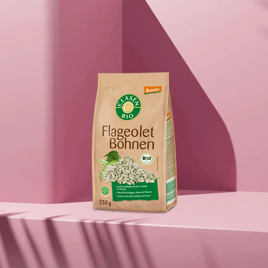 Verpackung Bio-Flageolet Bohnen in Demeter Qualität 250 g von CLASEN BIO – zarte, grüne Bohnen aus biodynamischem Anbau in Beutel