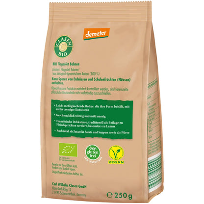 Rückseite der Verpackung Bio-Flageolet Bohnen in Demeter Qualität 250 g von CLASEN BIO – mit Zutatenliste, Nährwertangaben und Produktinformationen