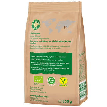 Rückseite der Verpackung Bio-Flohsamen 250 g von CLASEN BIO – mit Zutatenliste, Nährwertangaben und Produktinformationen