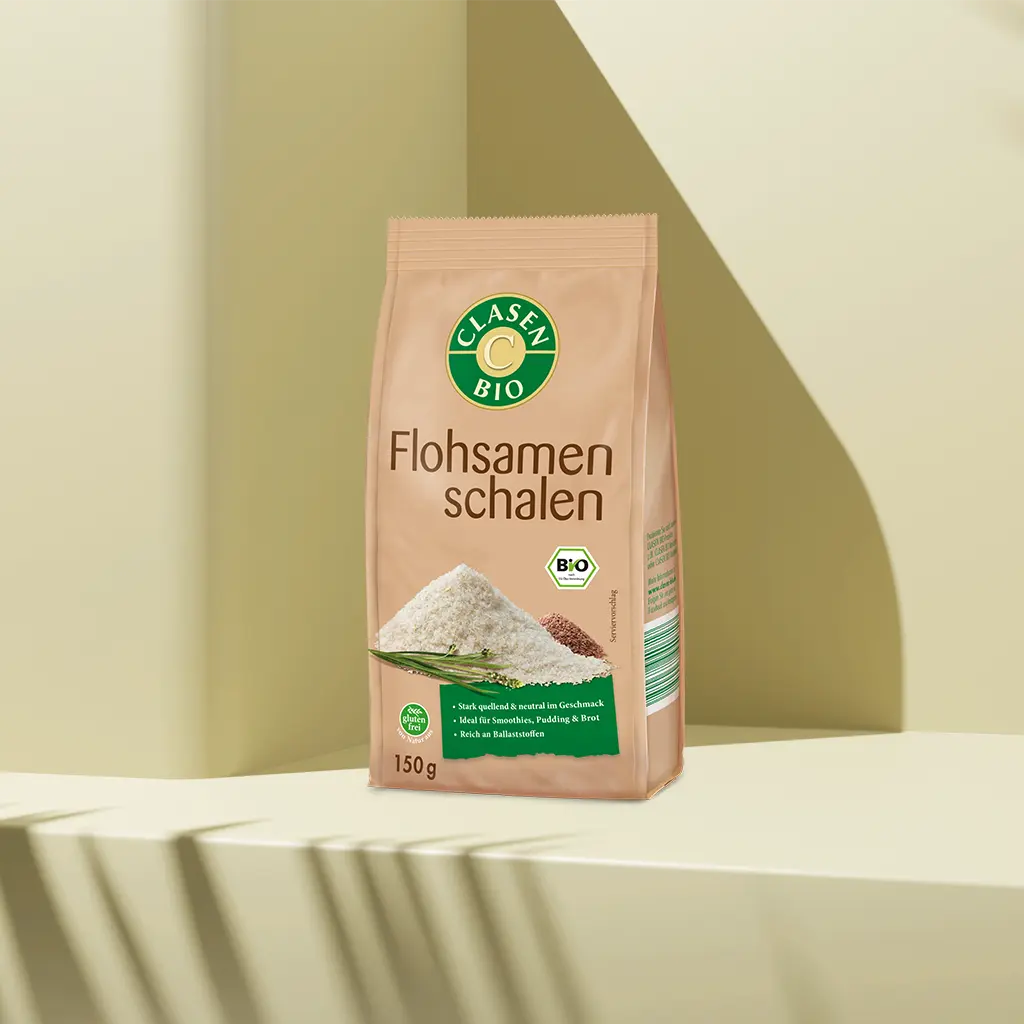 Verpackung Bio-Flohsamenschalen 150 g von CLASEN BIO – ballaststoffreiche Schalen in Beutel