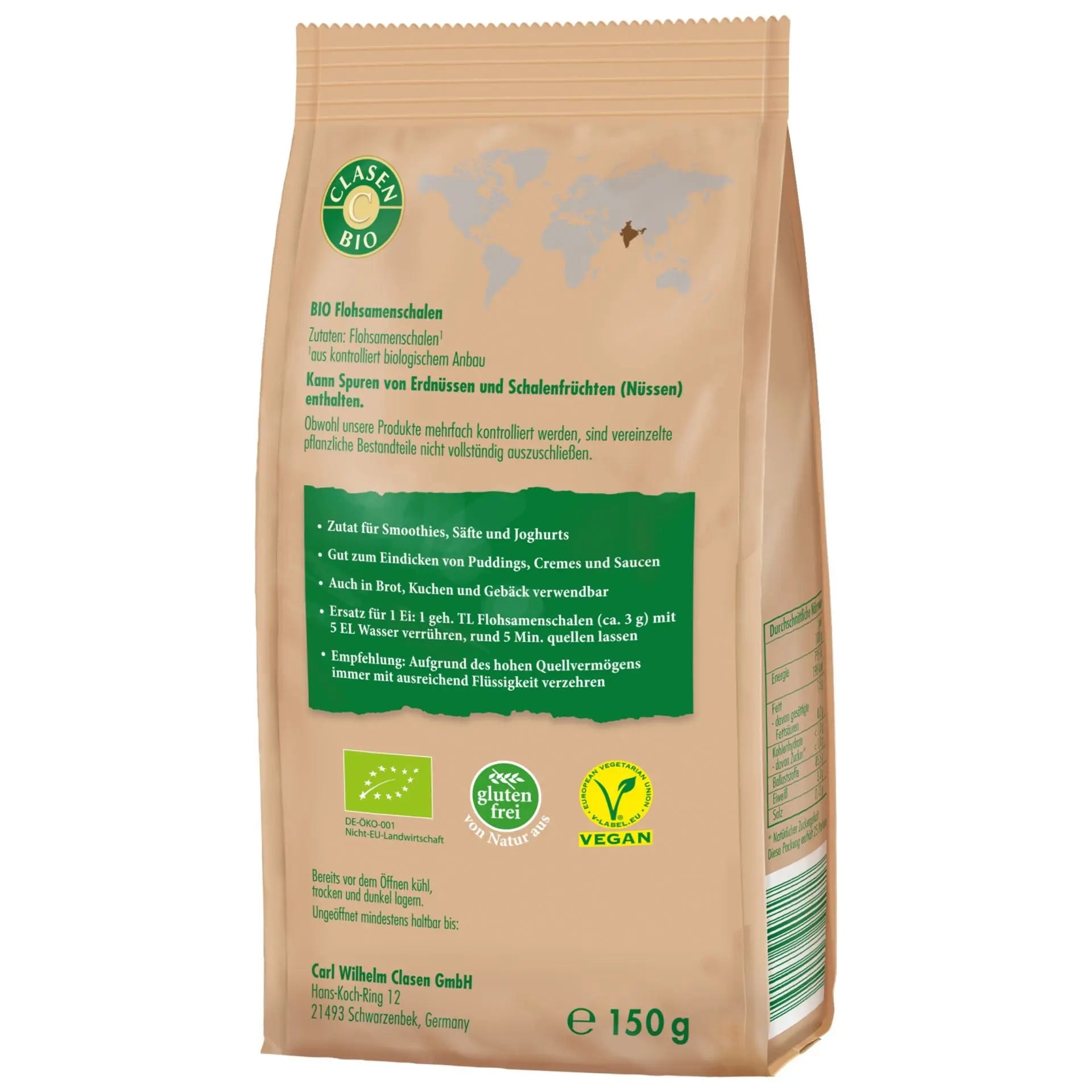 Rückseite der Verpackung Bio-Flohsamenschalen 150 g von CLASEN BIO – mit Zutatenliste, Nährwertangaben und Produktinformationen