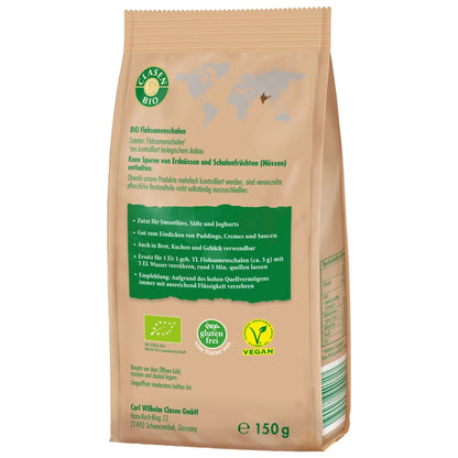 Rückseite der Verpackung Bio-Flohsamenschalen 150 g von CLASEN BIO – mit Zutatenliste, Nährwertangaben und Produktinformationen