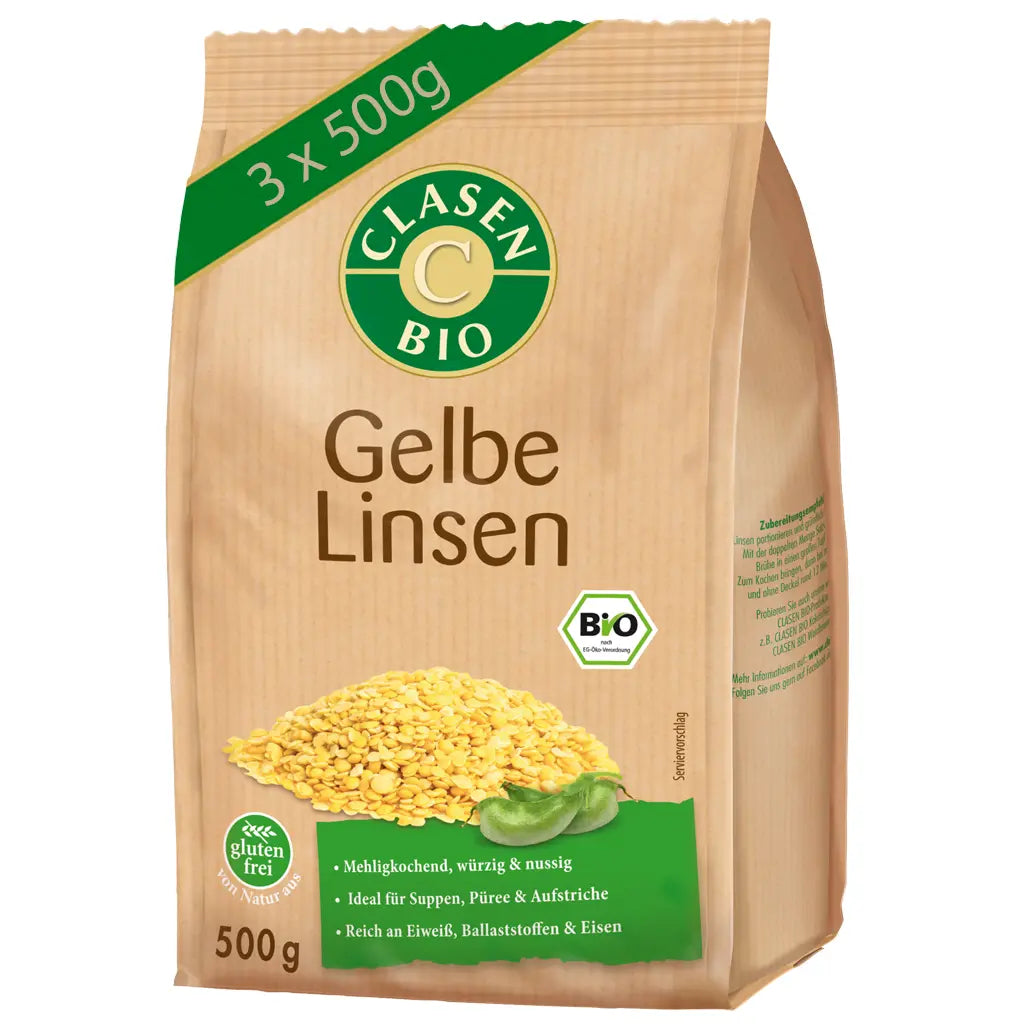 3x Bio Linsen (gelb) 500g Clasen Organic Foods