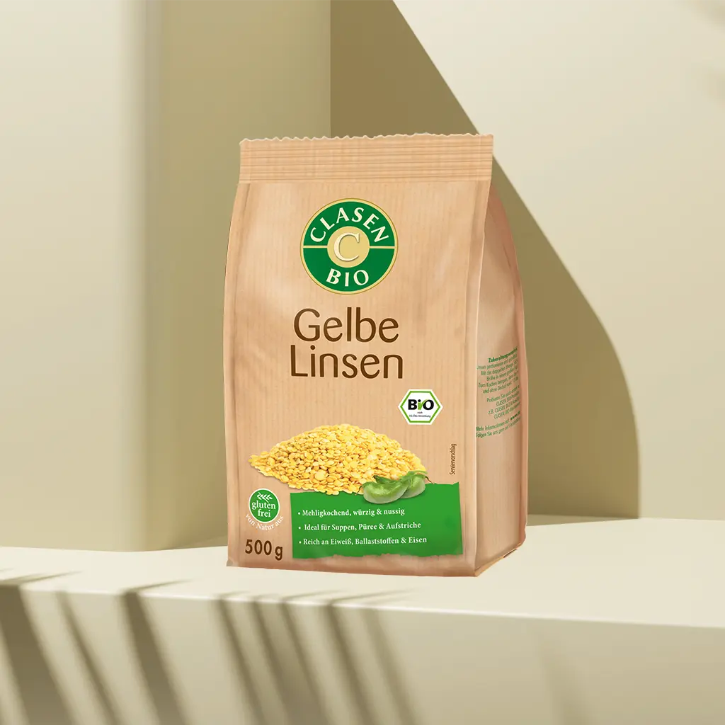 Verpackung Bio-Gelbe Linsen 500 g von CLASEN BIO – fein-nussige Hülsenfrüchte in Beutel