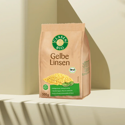 Verpackung Bio-Gelbe Linsen 500 g von CLASEN BIO – fein-nussige Hülsenfrüchte in Beutel