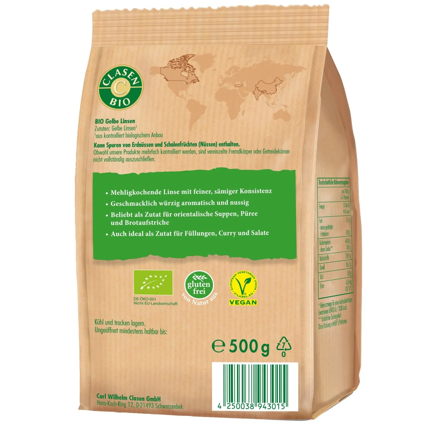 Rückseite der Verpackung Bio-Gelbe Linsen 500 g von CLASEN BIO – mit Zutatenliste, Nährwertangaben und Produktinformationen