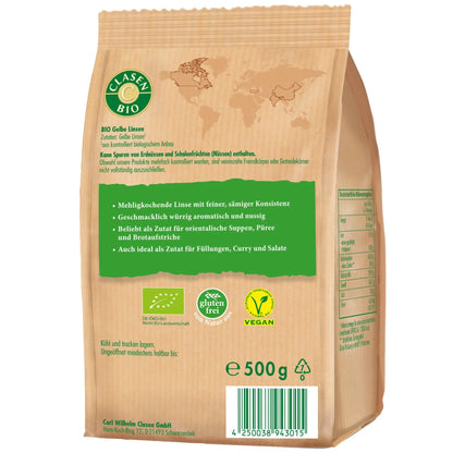 Rückseite der Verpackung Bio-Gelbe Linsen 500 g von CLASEN BIO – mit Zutatenliste, Nährwertangaben und Produktinformationen
