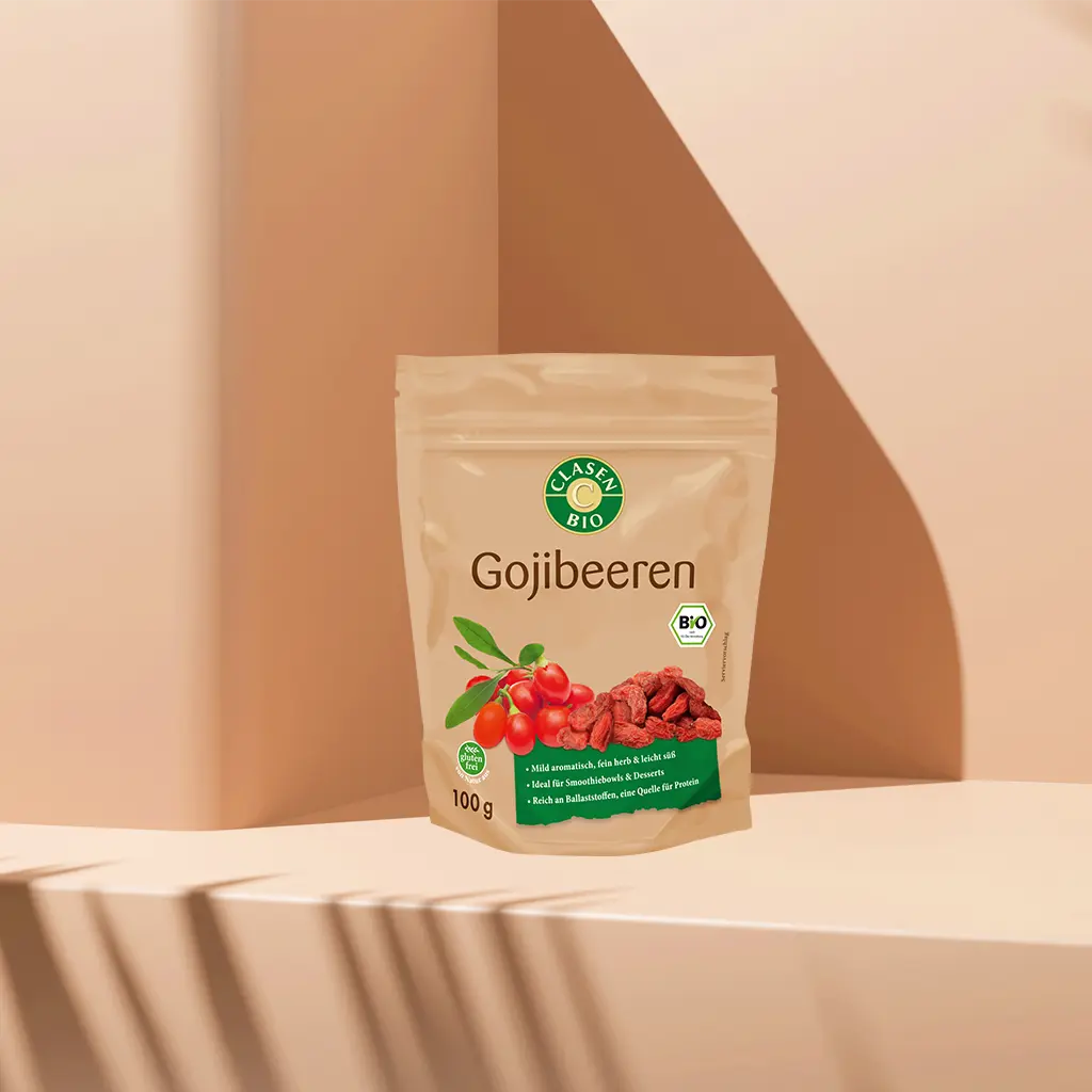 Verpackung Bio-Gojibeeren 100 g von CLASEN BIO – leuchtend rote Superfrüchte in Beutel