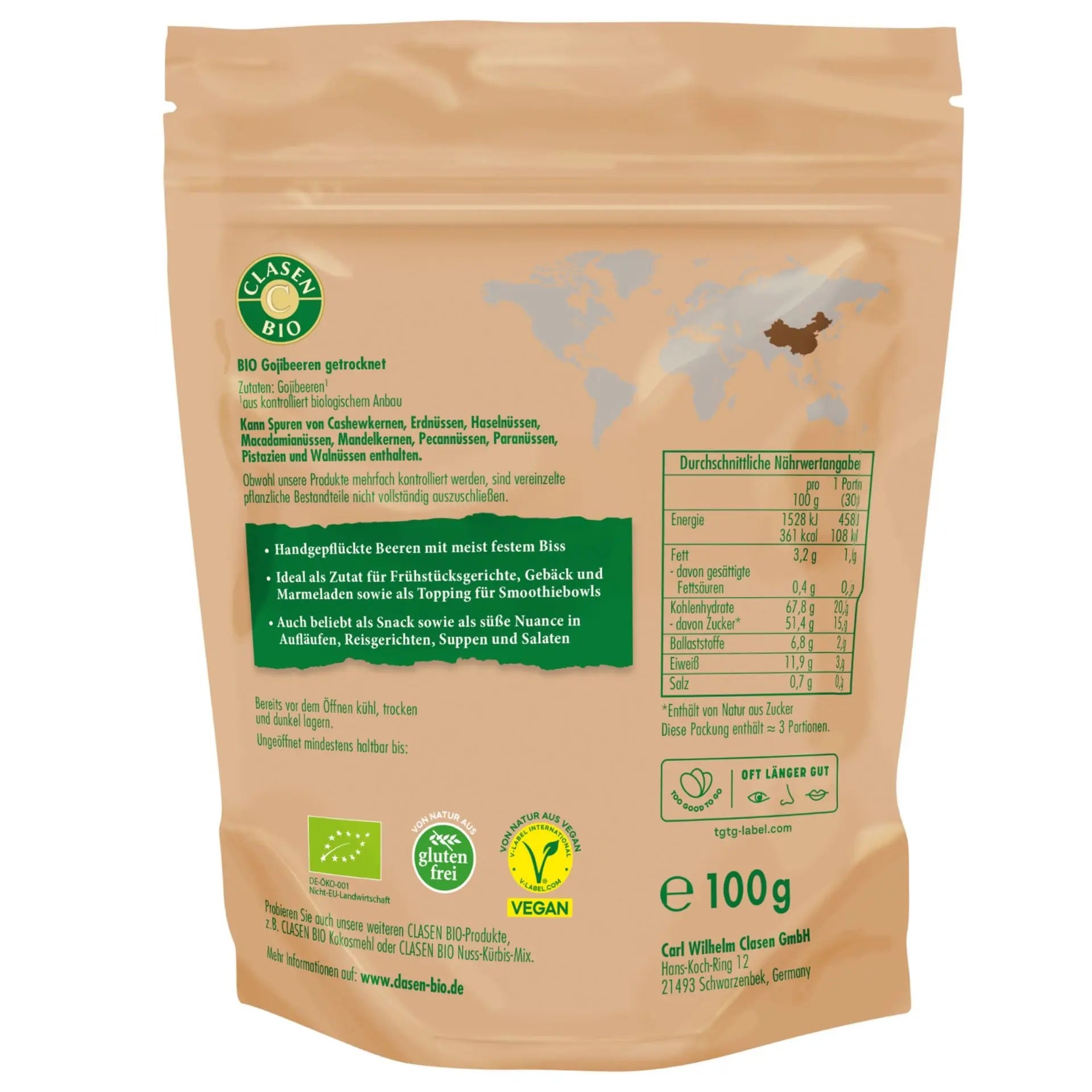 Rückseite der Verpackung Bio-Gojibeeren 100 g von CLASEN BIO – mit Zutatenliste, Nährwertangaben und Produktinformationen