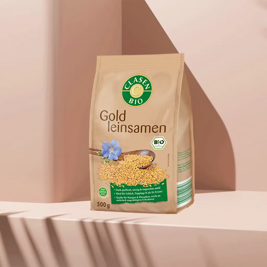 Verpackung Bio-Goldeinsamen 500 g von CLASEN BIO – goldgelbe Leinsamen mit mildem Geschmack in Beutel