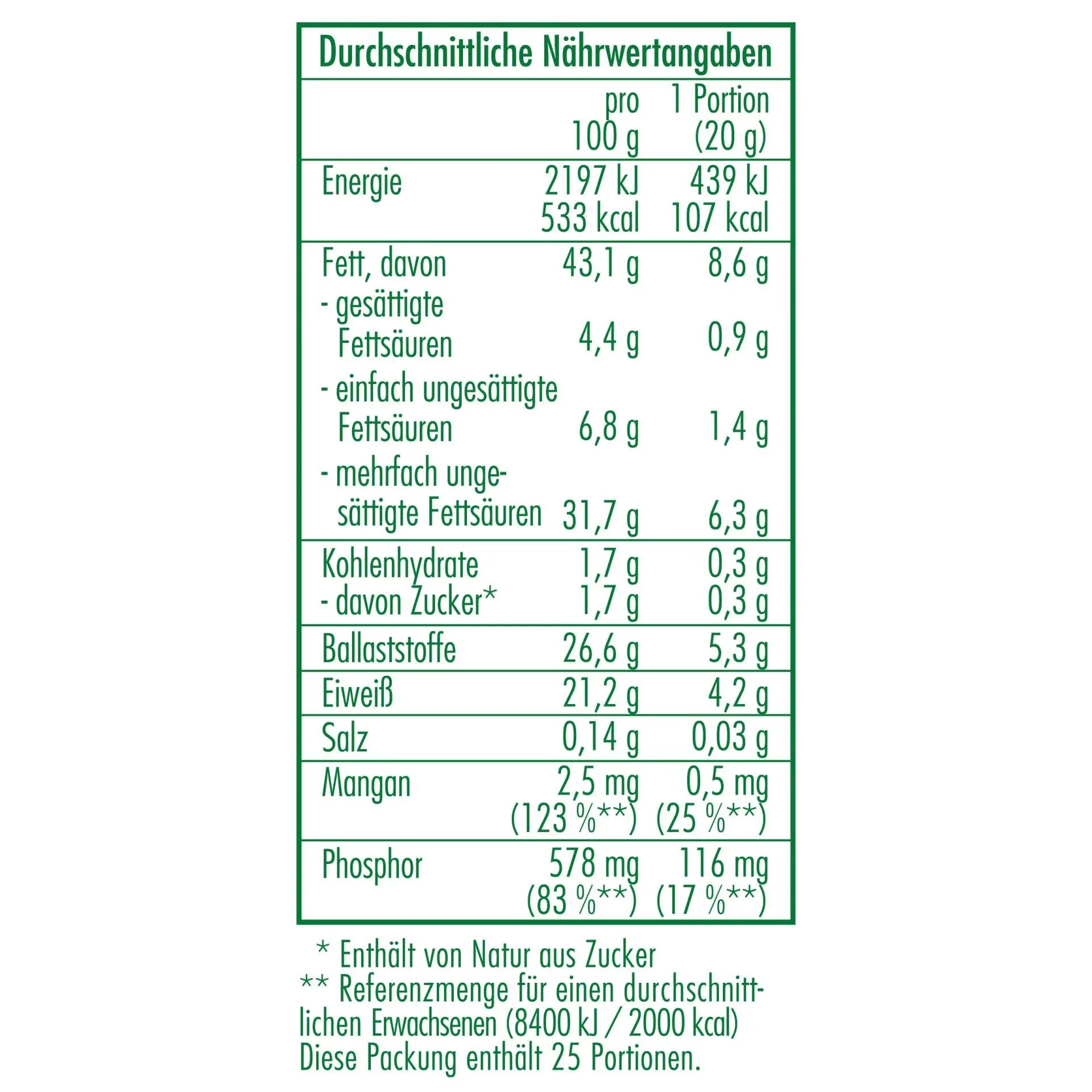 Nährwertangaben der Bio-Goldeinsamen 500 g von CLASEN BIO