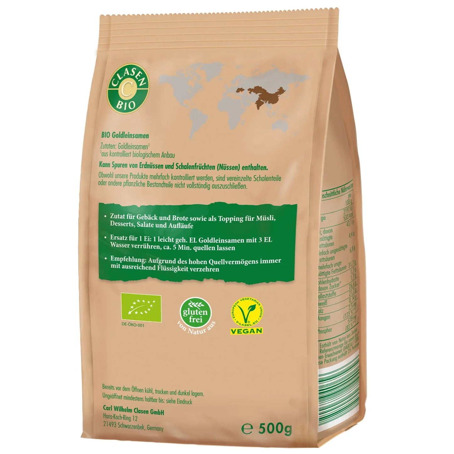 Rückseite der Verpackung Bio-Goldeinsamen 500 g von CLASEN BIO – mit Zutatenliste, Nährwertangaben und Produktinformationen