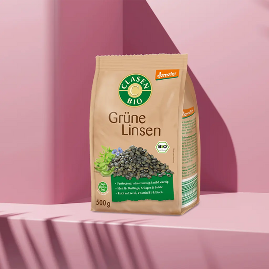 Verpackung Bio-Grüne Linsen in Demeter Qualität 500 g von CLASEN BIO – aromatische Linsen aus biodynamischem Anbau in Beutel