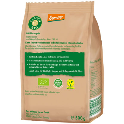 Rückseite der Verpackung Bio-Grüne Linsen in Demeter Qualität 500 g von CLASEN BIO – mit Zutatenliste, Nährwertangaben und Produktinformationen
