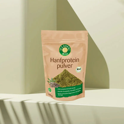 Verpackung Bio-Hanfprotein Pulver 200 g von CLASEN BIO – pflanzliches Proteinpulver mit nussigem Geschmack in Beutel