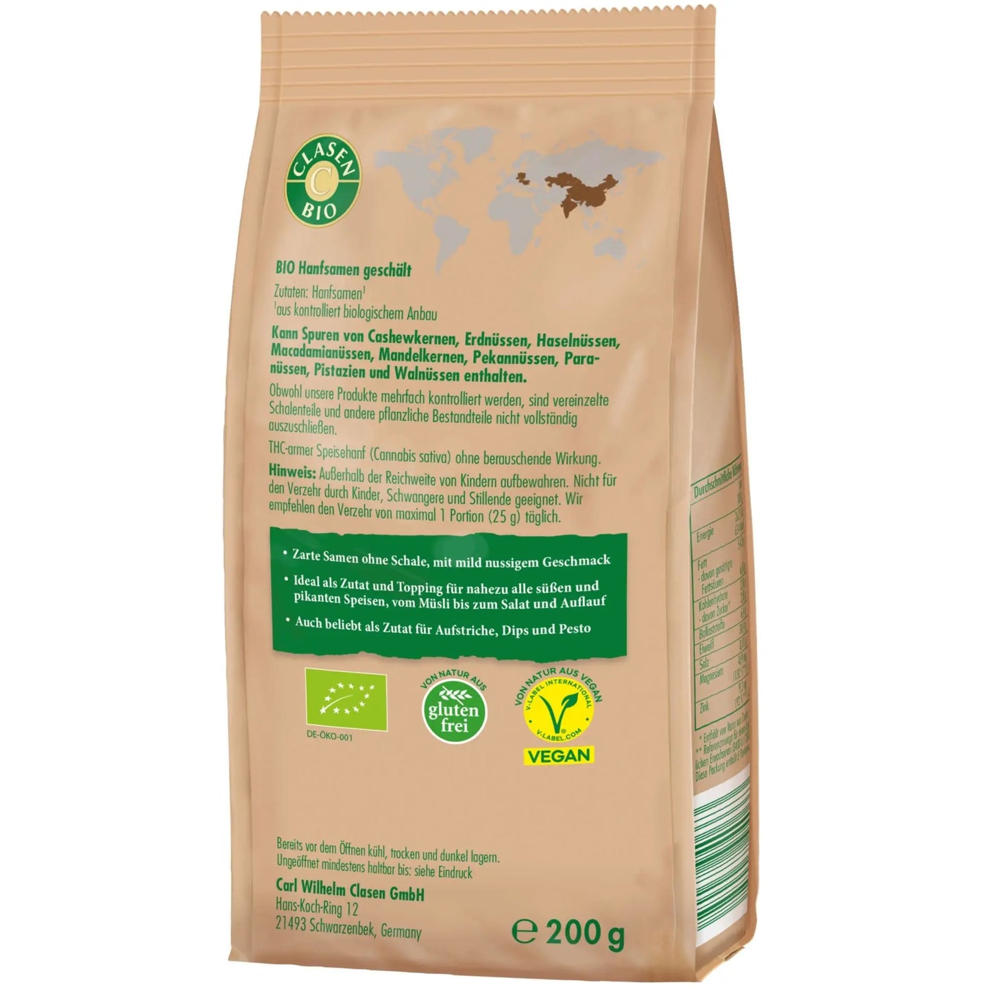 Rückseite der Verpackung Bio-Hanfsamen 200 g von CLASEN BIO – mit Zutatenliste, Nährwertangaben und Produktinformationen