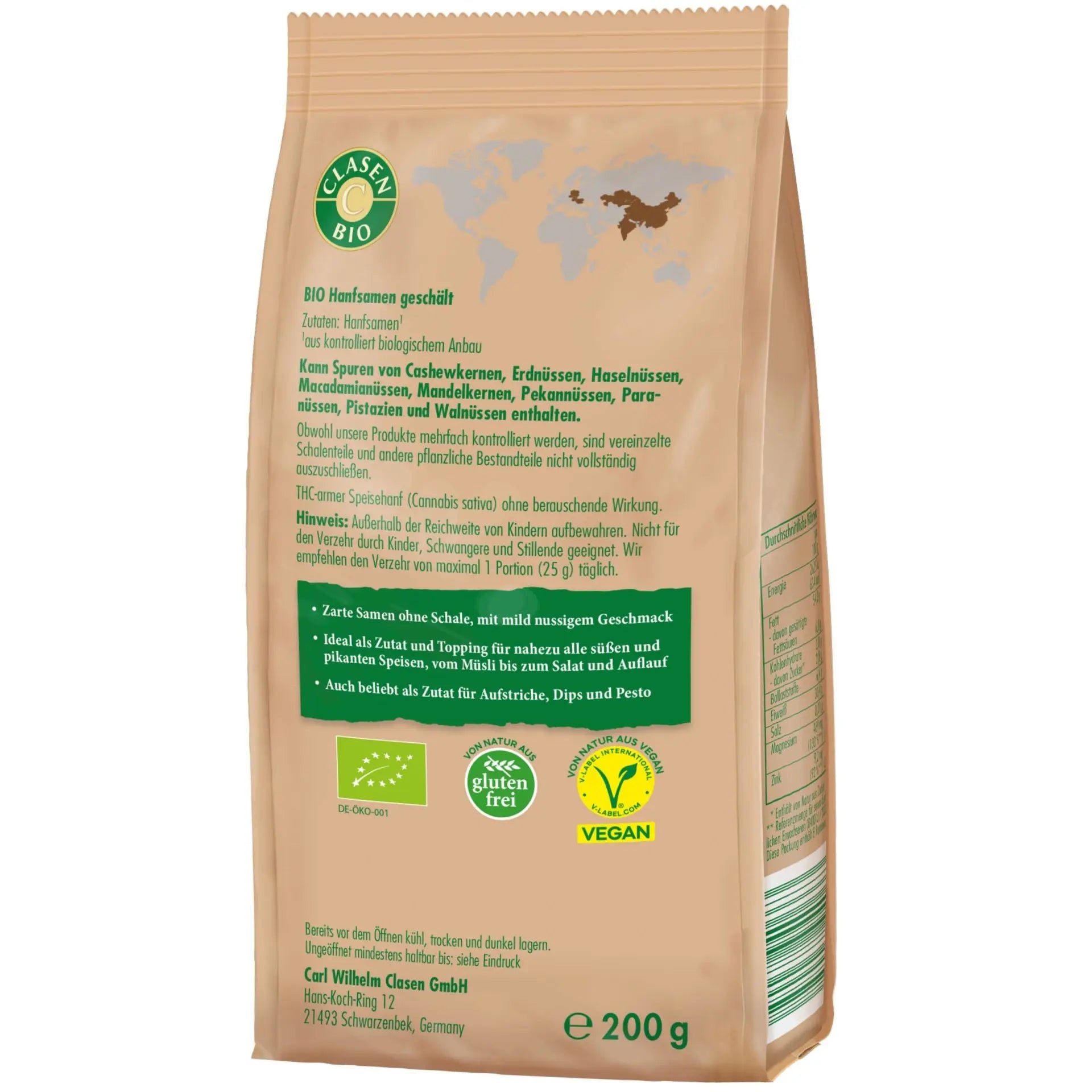 Rückseite der Verpackung Bio-Hanfsamen 200 g von CLASEN BIO – mit Zutatenliste, Nährwertangaben und Produktinformationen