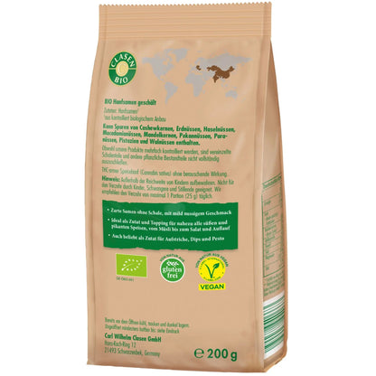 Rückseite der Verpackung Bio-Hanfsamen 200 g von CLASEN BIO – mit Zutatenliste, Nährwertangaben und Produktinformationen