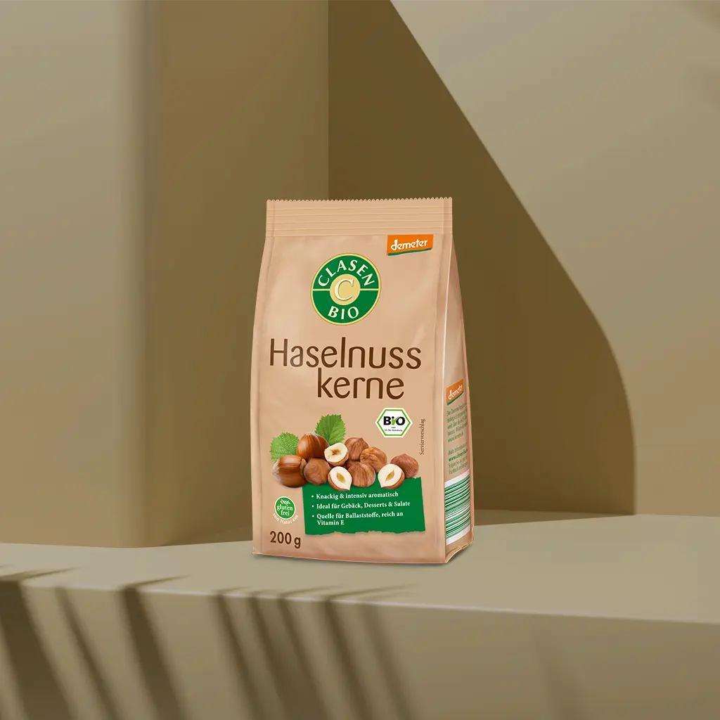 Verpackung Bio-Haselnusskerne in Demeter Qualität 200 g von CLASEN BIO – naturbelassene Haselnüsse aus biodynamischem Anbau
