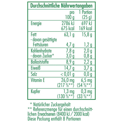 Nährwertangaben der Bio-Haselnusskerne in Demeter Qualität 200 g von CLASEN BIO
