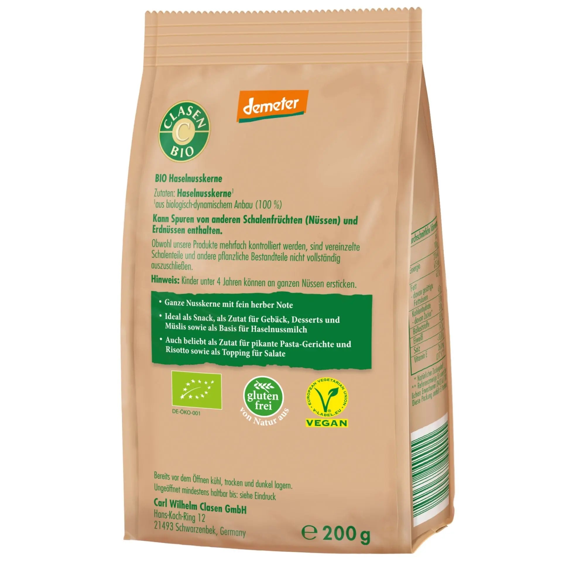 Rückseite der Verpackung Bio-Haselnusskerne in Demeter Qualität 200 g von CLASEN BIO – mit Zutatenliste, Nährwertangaben und Produktinformationen