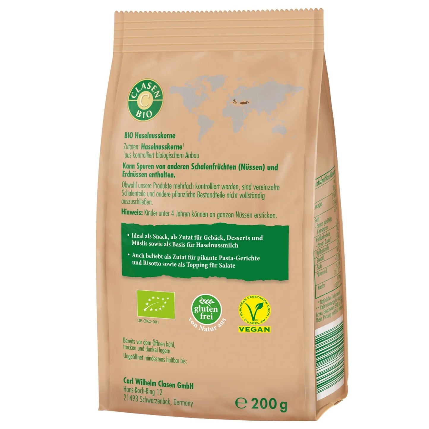 Rückseite der Verpackung Bio-Haselnusskerne 200 g von CLASEN BIO – mit Zutatenliste, Nährwertangaben und Produktinformationen