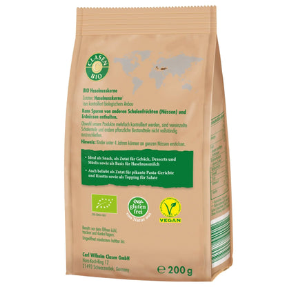Rückseite der Verpackung Bio-Haselnusskerne 200 g von CLASEN BIO – mit Zutatenliste, Nährwertangaben und Produktinformationen