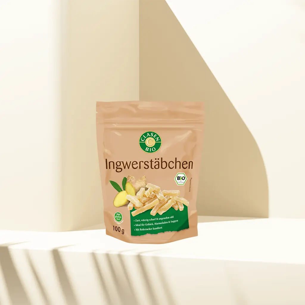 Verpackung Bio-Ingwerstäbchen 100 g von CLASEN BIO – süß-scharfe Ingwersticks in Beutel