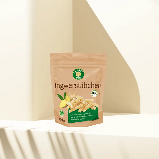 Verpackung Bio-Ingwerstäbchen 100 g von CLASEN BIO – süß-scharfe Ingwersticks in Beutel
